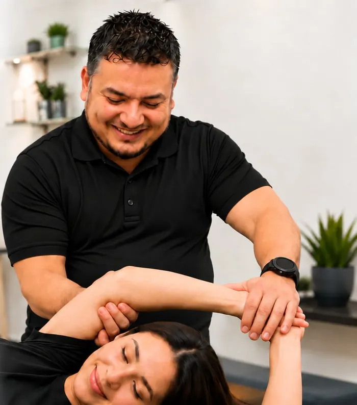 Oscar guiding a client through an assisted shoulder stretch