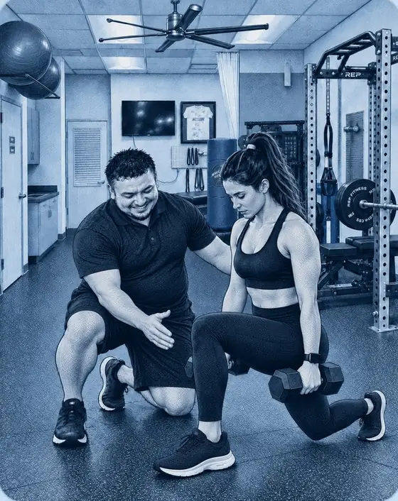 Illustration of Oscar coaching a client through a dumbbell lunge